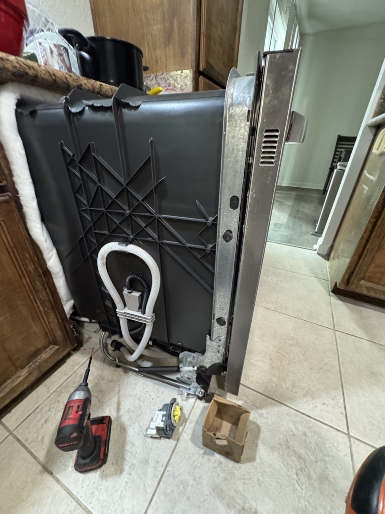 Whirlpool dishwasher pulled out for professional drain pump replacement in Fairfield CA