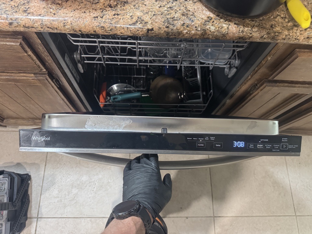 Whirlpool dishwasher in Fairfield during diagnosis for a no-drain problem
