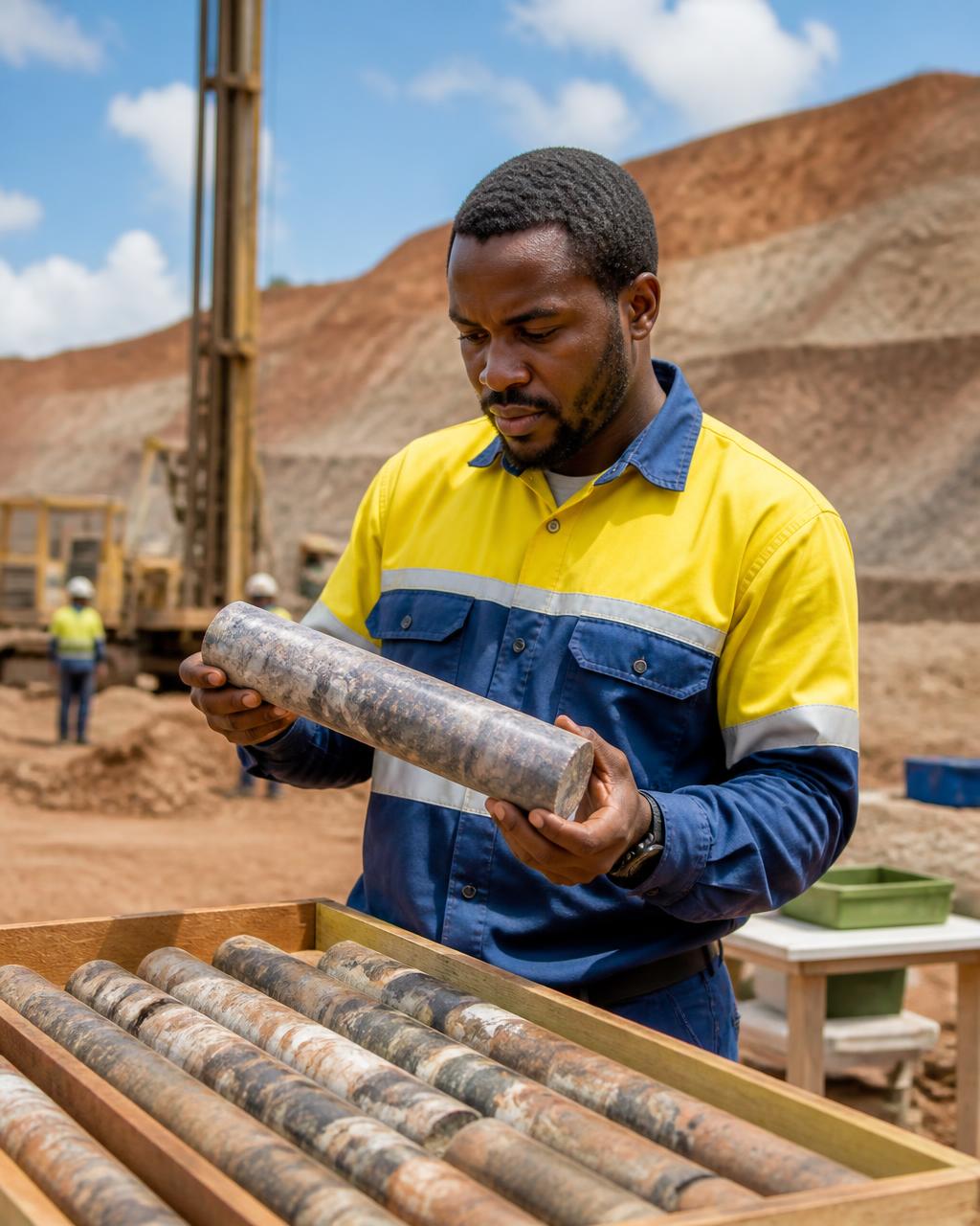 Field geologist inspecting core samples at a Febian Daramola Hydrobiz drill site