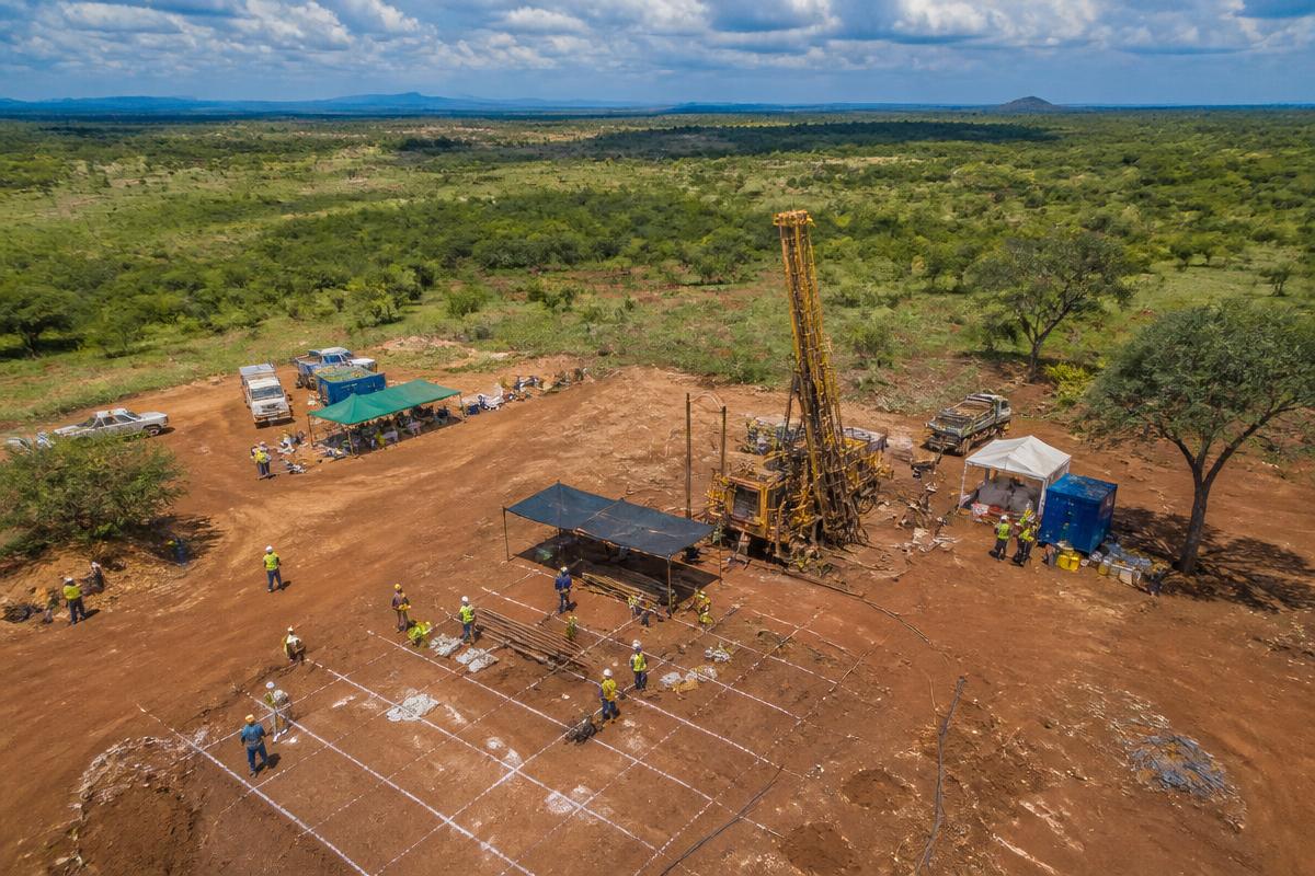 Aerial view of a geophysical survey grid laid out at a mineral exploration field site