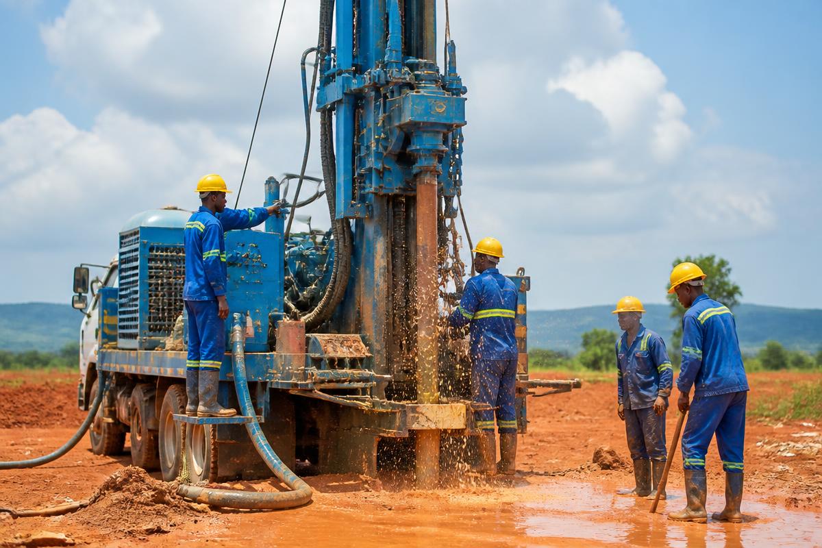 Drill crew operating a borehole drilling rig mounted on a truck