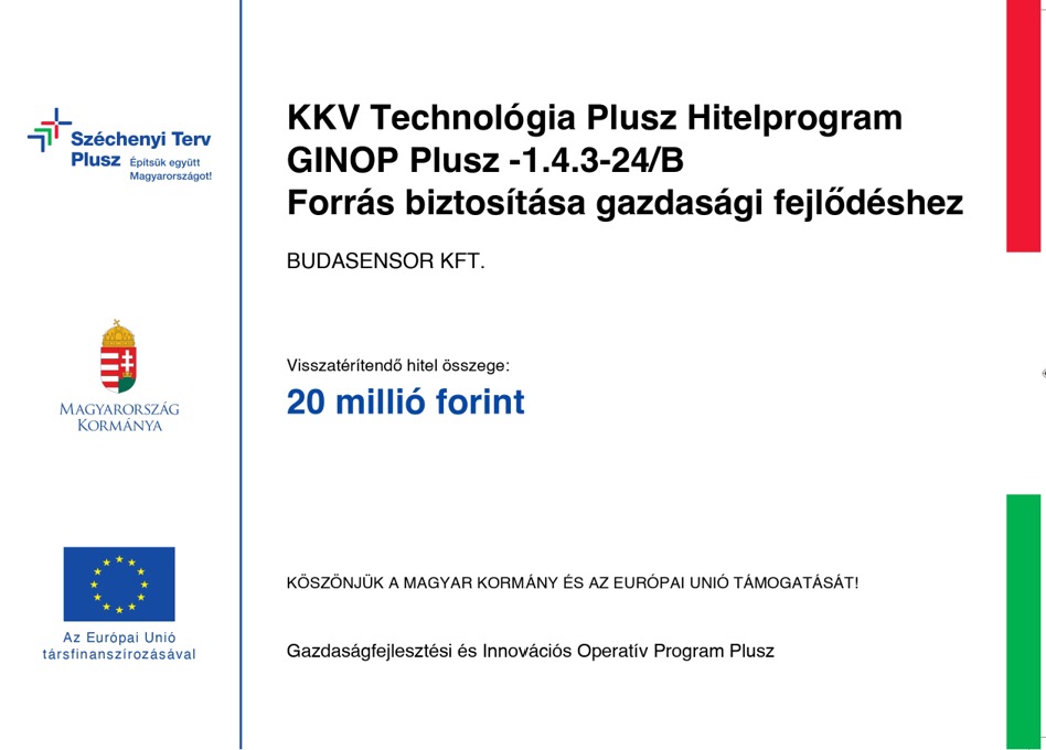 Széchenyi Terv Plusz tájékoztató tábla – KKV Technológia Plusz Hitelprogram GINOP Plusz-1.4.3-24/B, Budasensor Kft., visszatérítendő hitel összege 20 millió forint