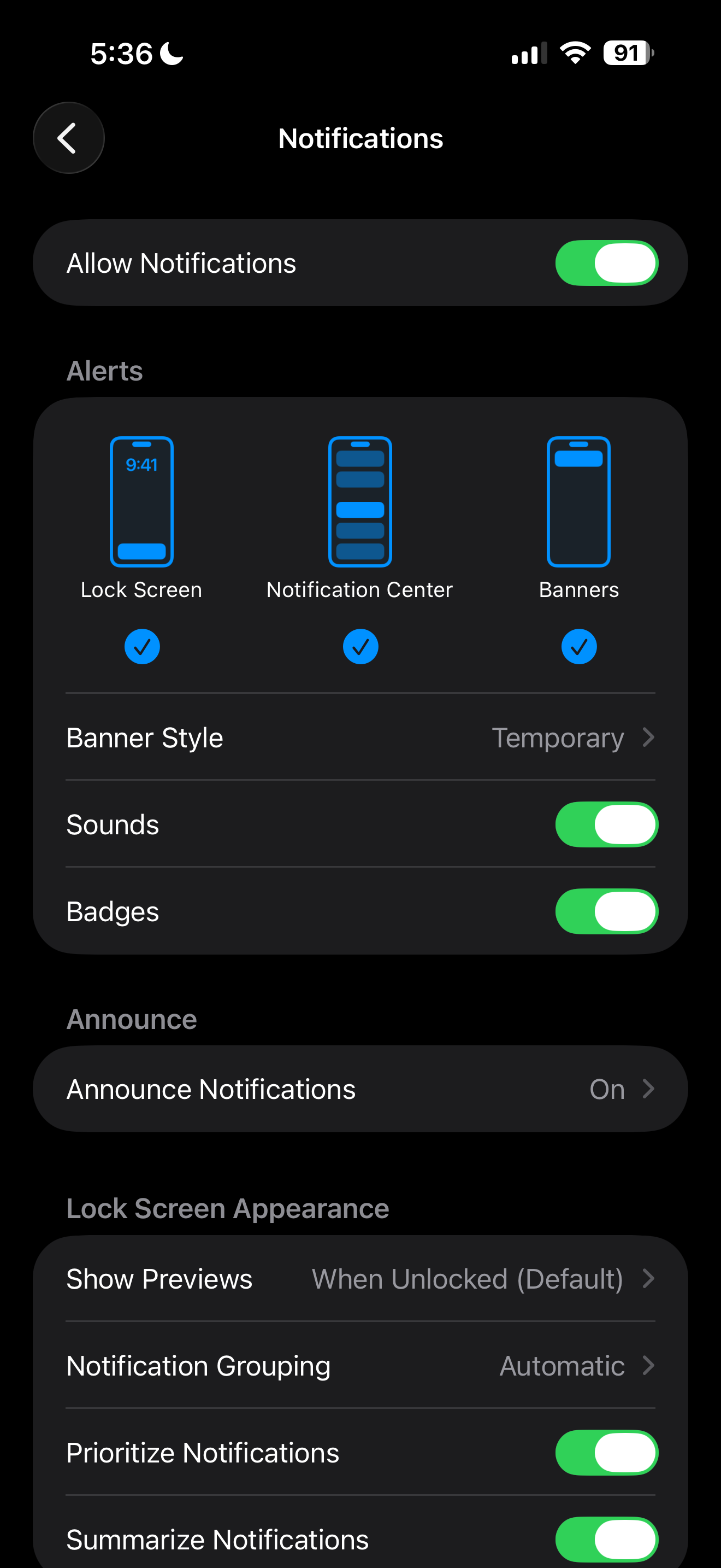 iPhone Settings, Notifications, Lead Connector. Allow Notifications on. Lock Screen, Notification Center, and Banners checked. Sounds and Badges on.