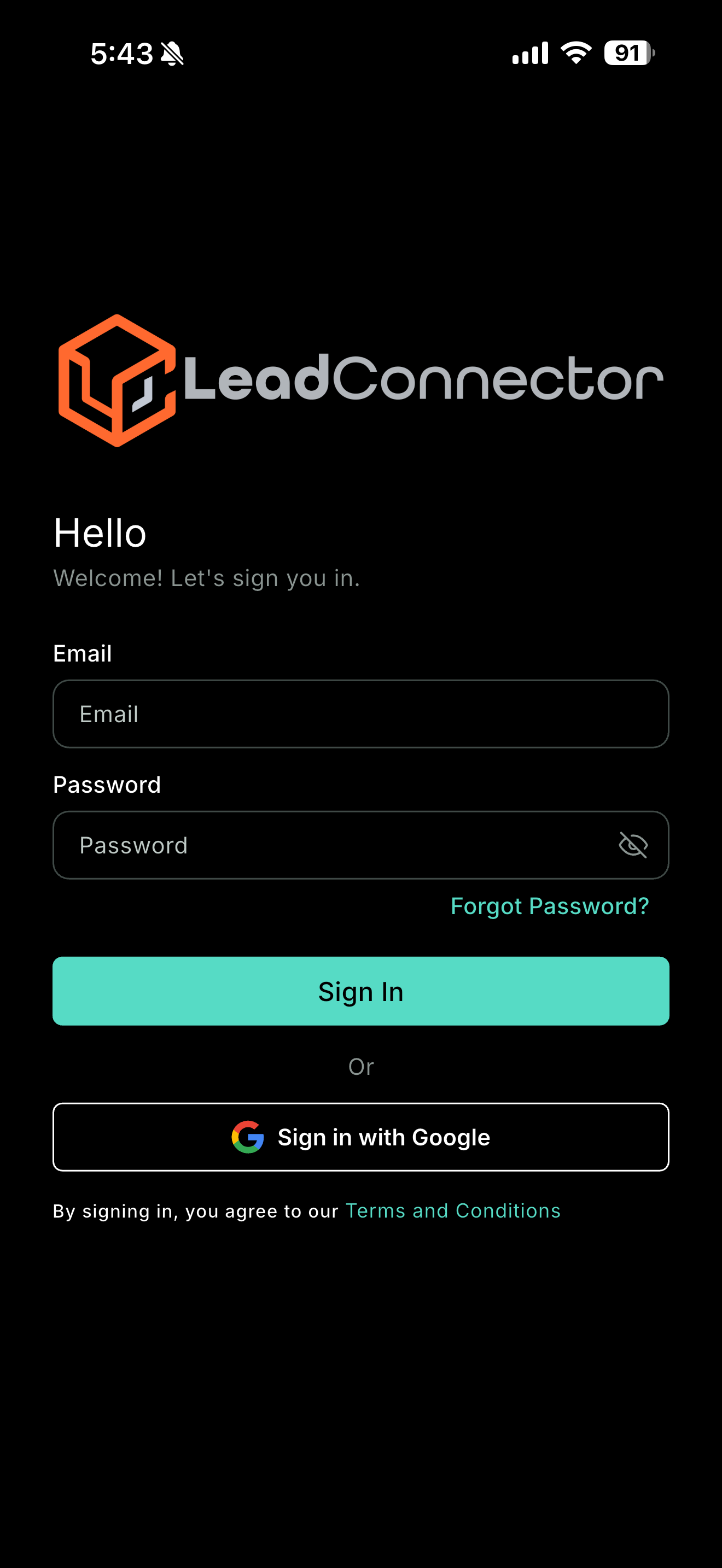 Lead Connector sign-in screen with email and password fields