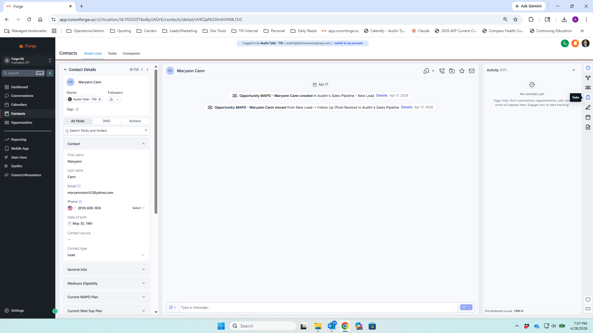 Contact view with the Tasks icon highlighted in the right action rail