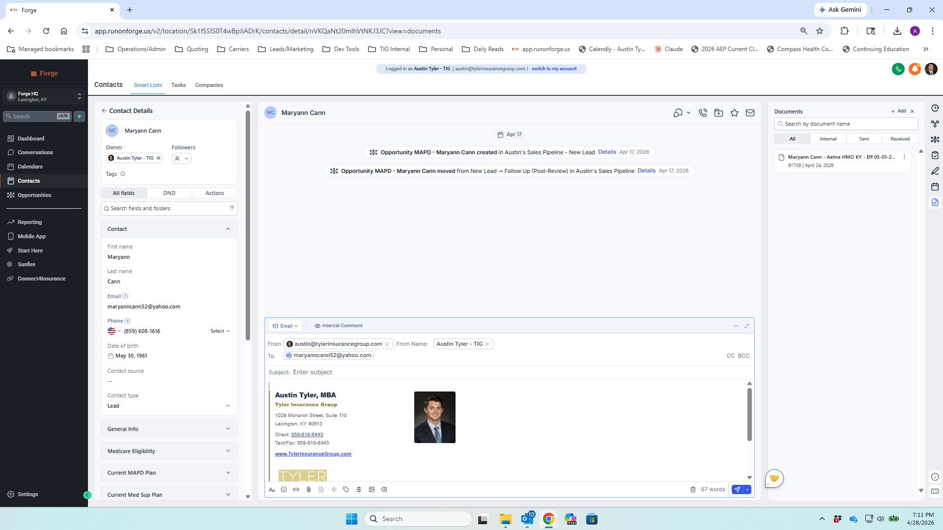 Email composer inside the contact, with Austin Tyler signature loaded and Documents panel showing attachable files