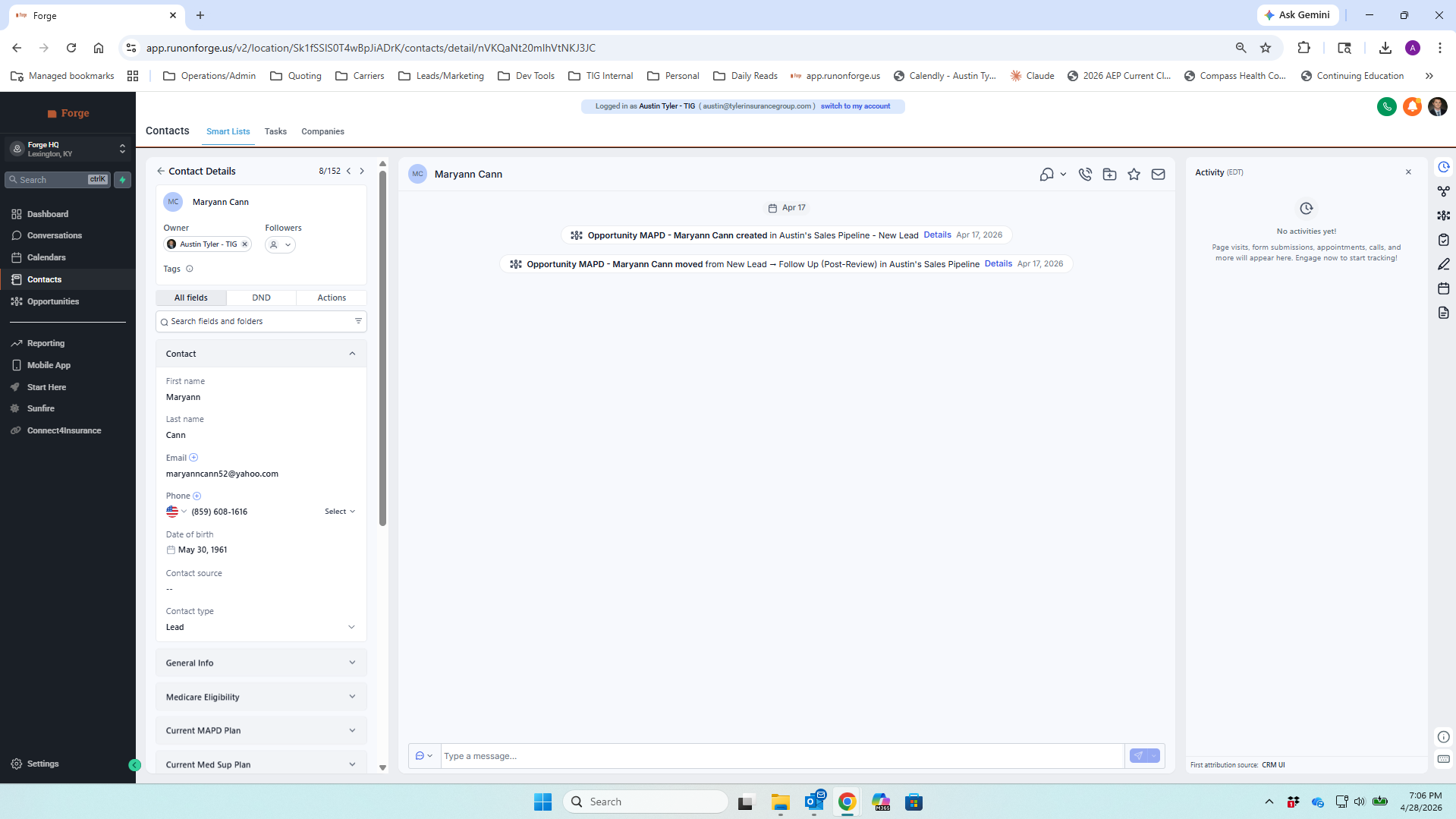 Contact detail view for Maryann Cann showing left details panel, middle activity feed, and right activity sidebar