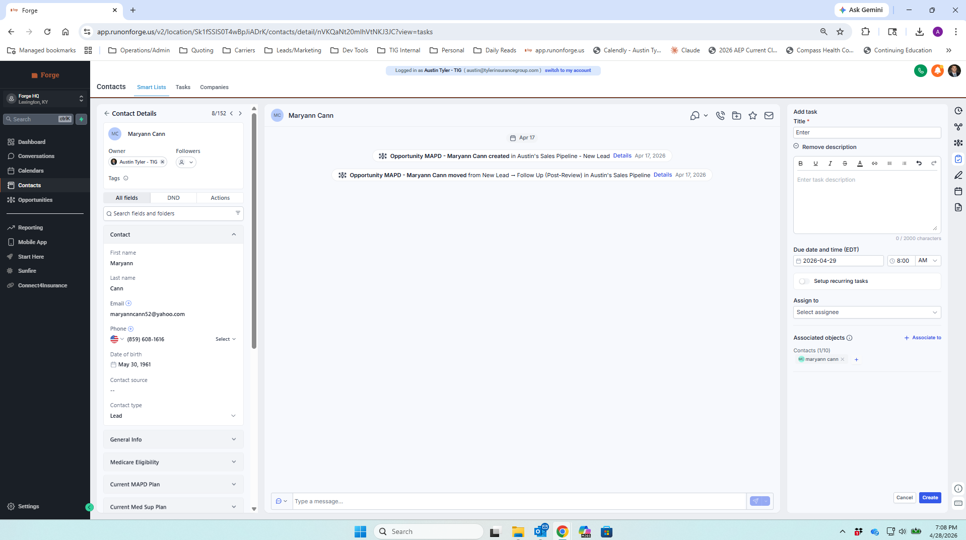 Add task panel showing title, description, due date and time, assign-to, and associated contact fields