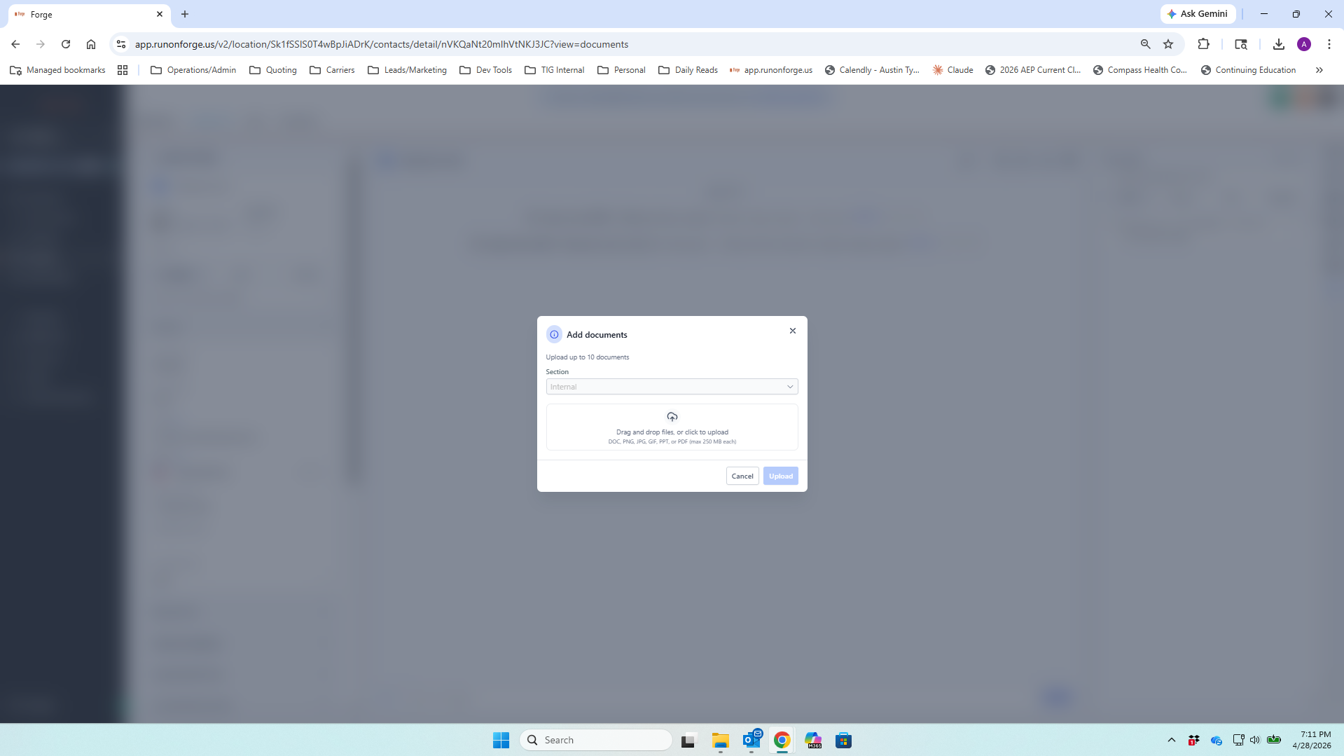 Add documents modal with drag and drop upload area