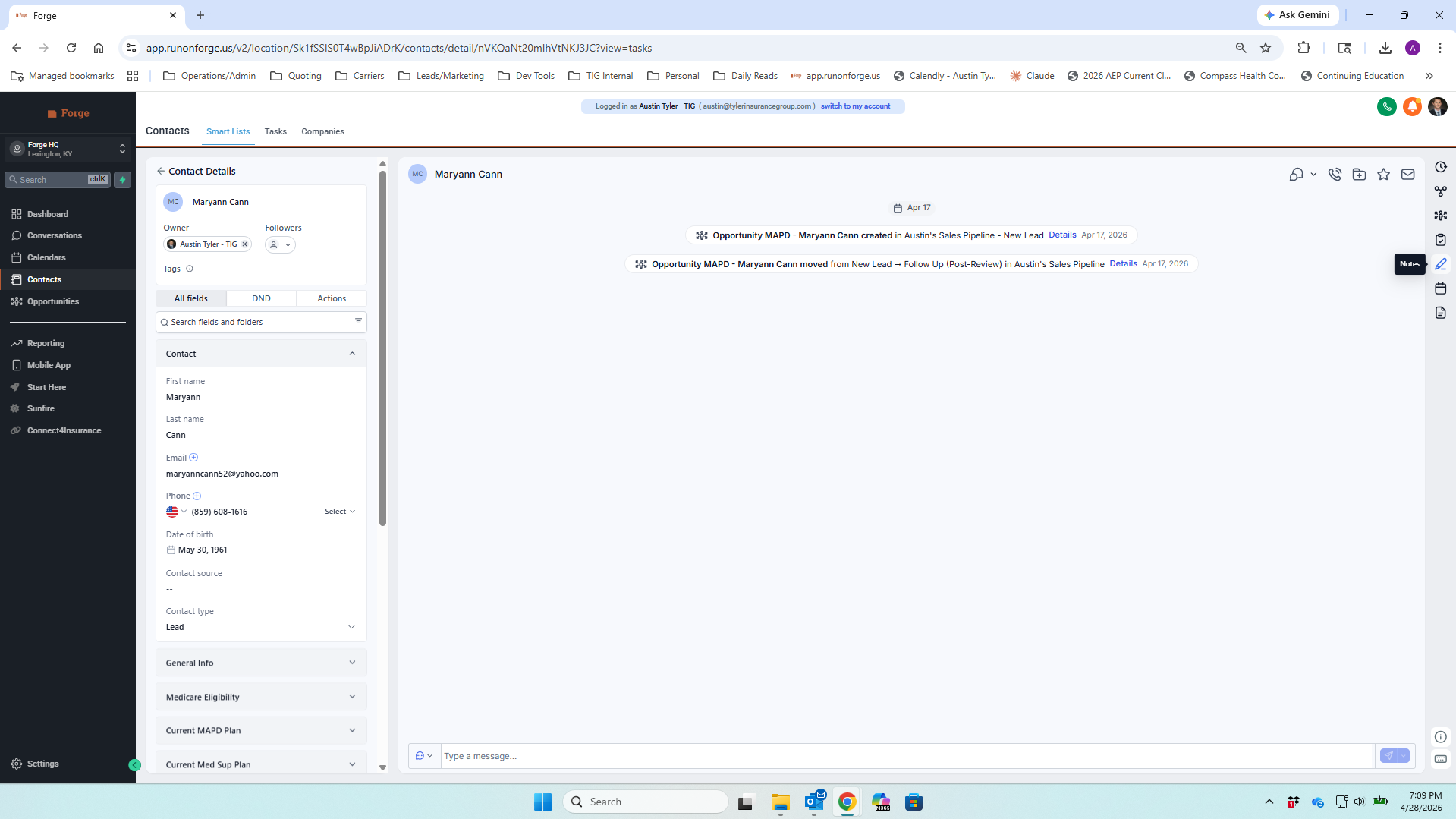 Contact view with the Notes icon highlighted in the right action rail