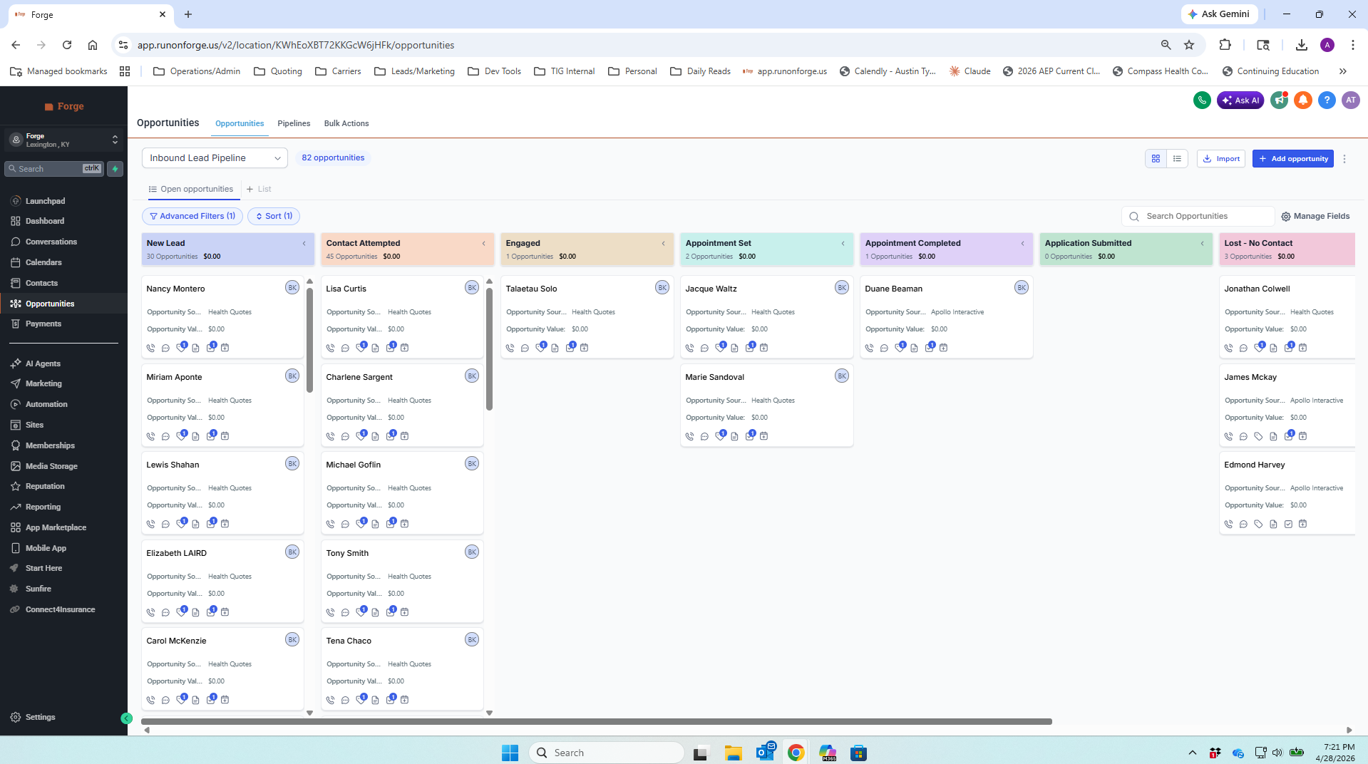 Forge opportunities board, Inbound Lead Pipeline, 82 opportunities, columns: New Lead, Contact Attempted, Engaged, Appointment Set, Appointment Completed, Application Submitted, Lost - No Contact