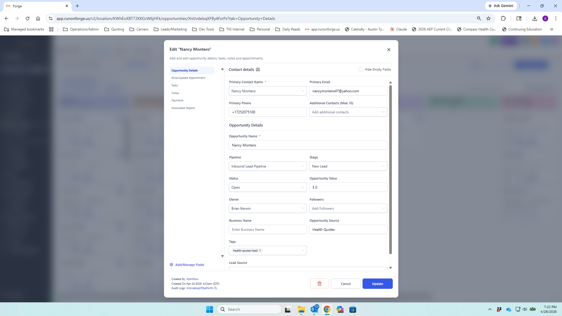 Edit drawer for Nancy Montero opportunity, showing contact details, opportunity details, pipeline, stage, status, owner, and left-side tabs for Tasks, Notes, Appointments, Payments, Associated Objects