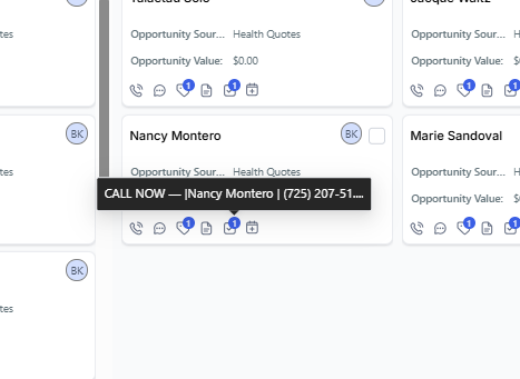 Close-up of an opportunity tile with the row of quick action icons at the bottom and a CALL NOW tooltip showing for Nancy Montero