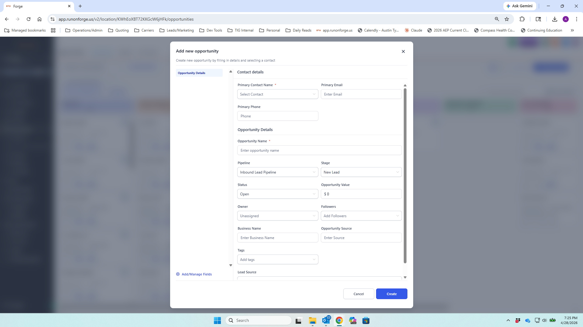 Add new opportunity modal with contact details, opportunity name, pipeline, stage, status, opportunity value, owner, business name, and source fields
