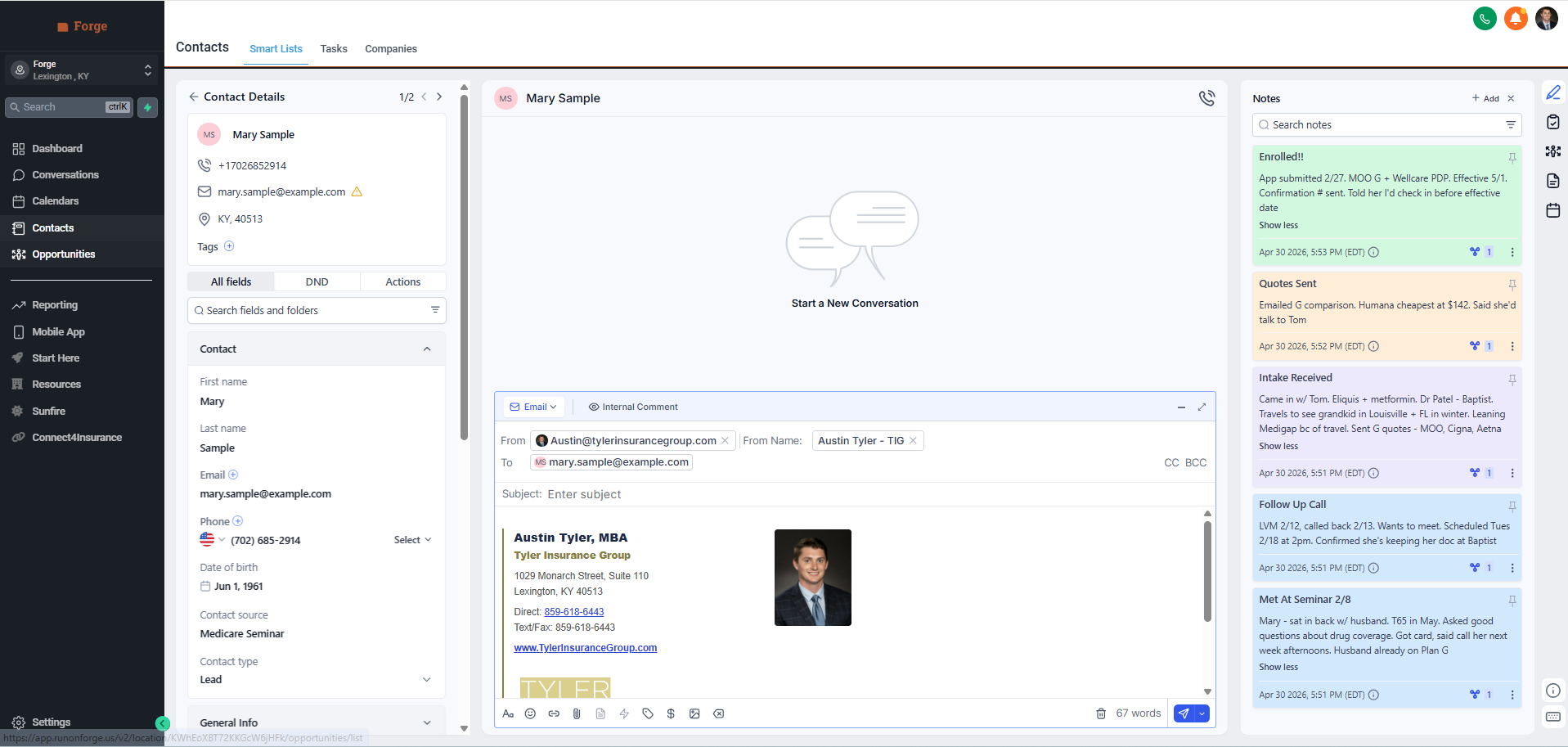 Forge contact record for Mary Sample showing left contact details panel, middle email composer with signature loaded, and right notes panel with timeline of activity