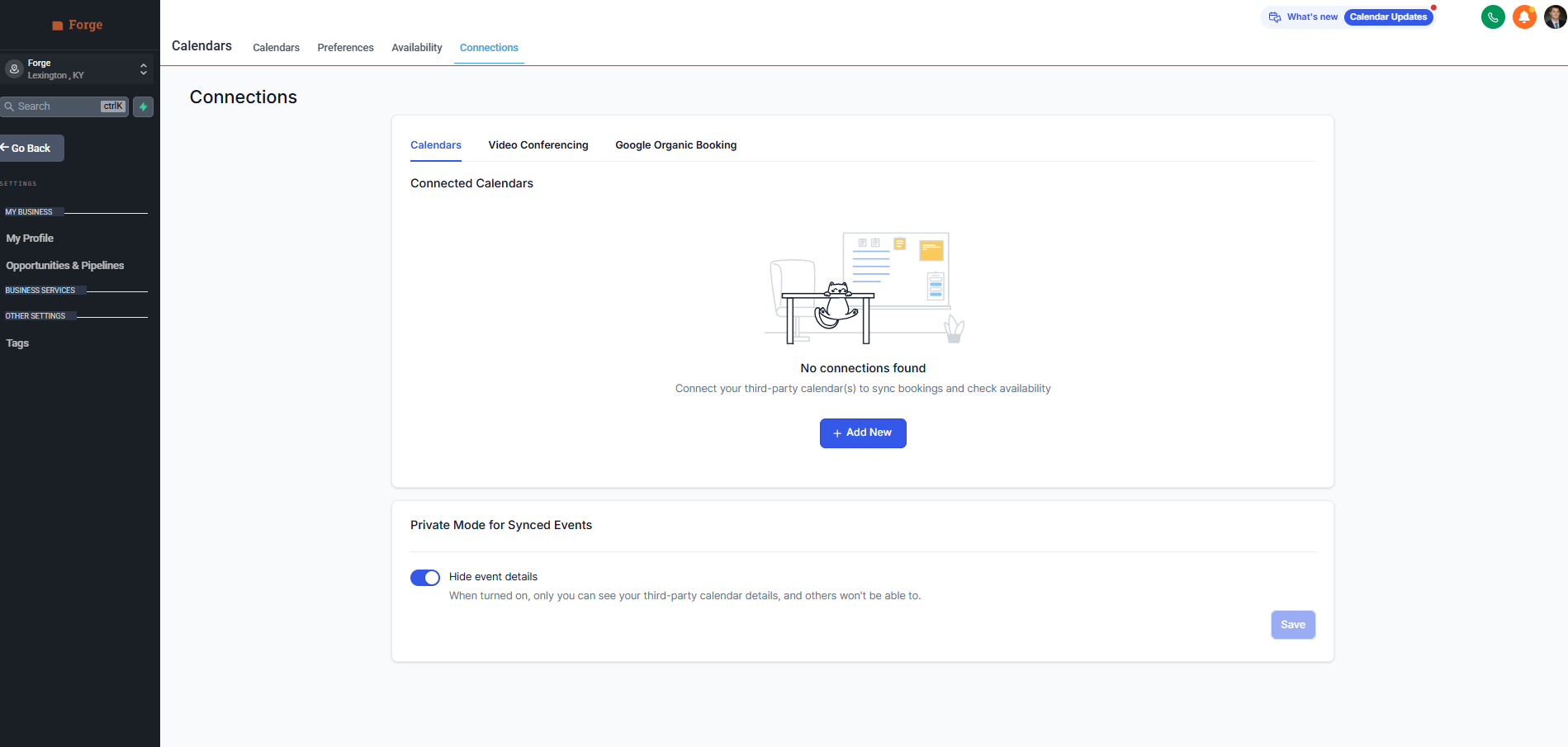 Calendars page on the Connections tab showing the empty state with an Add New button