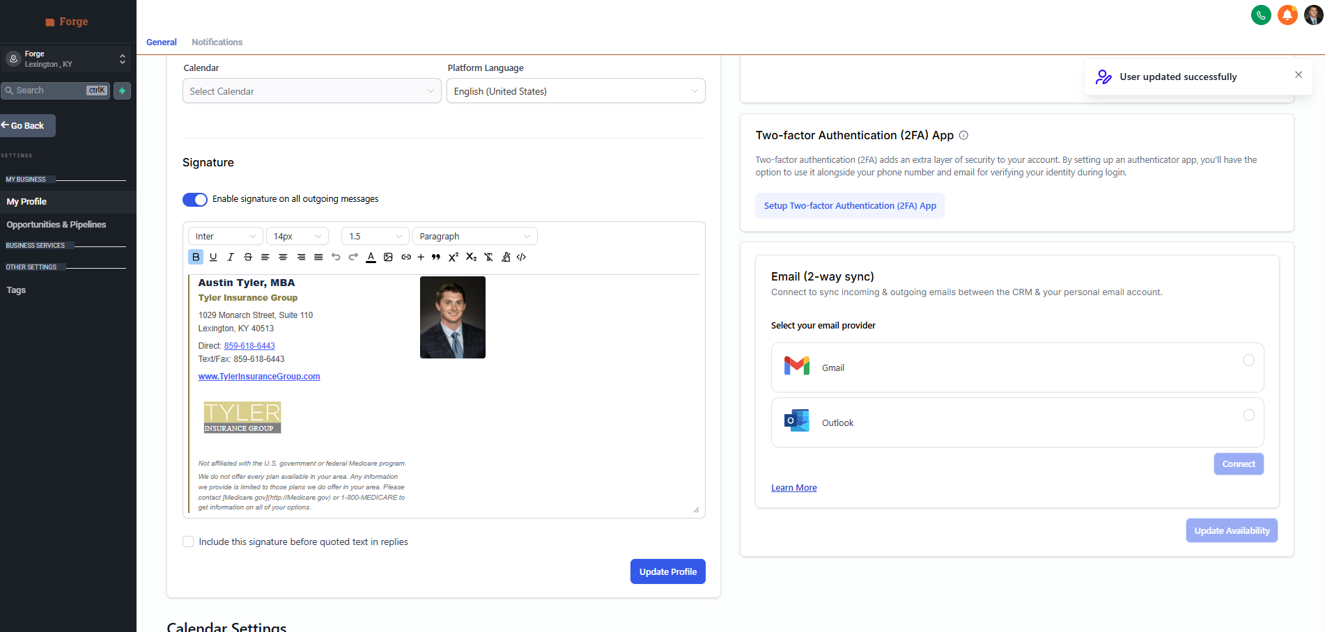 My Profile page with the signature editor highlighted