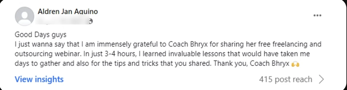 Facebook post by Aldren Jan Aquino thanking Coach Bhryx for a free webinar where he learned in 3 to 4 hours what would have taken days