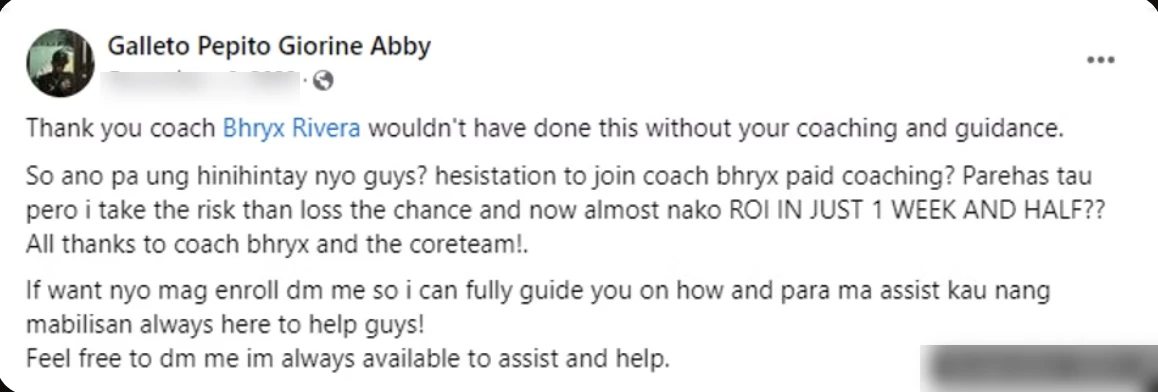 Facebook post by Galleto Pepito Giorine Abby saying they almost hit ROI in one and a half weeks after joining Coach Bhryx's paid coaching