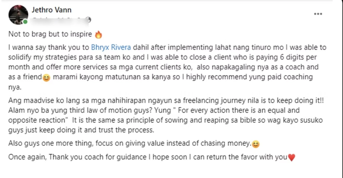 Facebook post by Jethro Vann thanking Bhryx Rivera: after applying her teachings he closed a client paying 6 digits per month