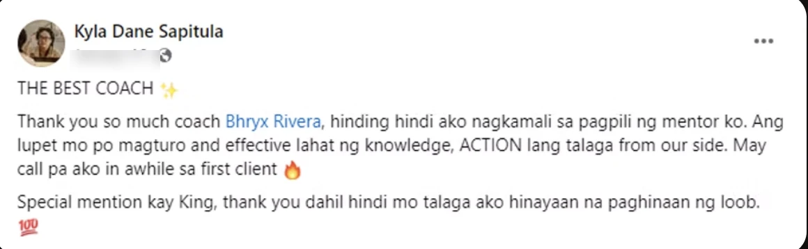 Facebook post by Kyla Dane Sapitula calling Bhryx Rivera the best coach, with a call lined up with her first client