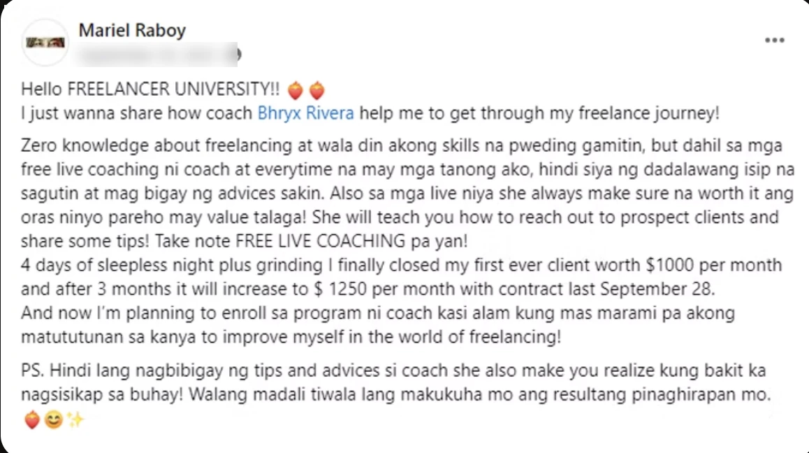 Facebook post by Mariel Raboy: from zero freelancing knowledge to closing her first client at $1,000 per month, increasing to $1,250, thanks to Coach Bhryx's free live coaching