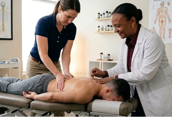 A professional medical photograph set in a modern, brightly lit clinic environment. A male patient lies face-down on a specialized chiropractic table with his upper back exposed to allow for direct clinical access.