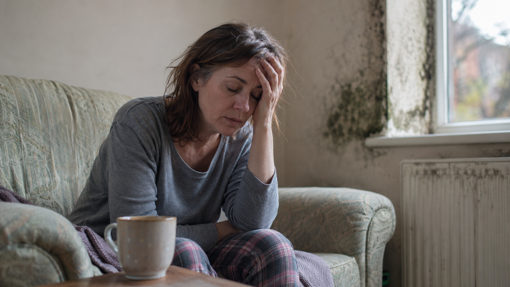 A woman feeling unwell at home with mould visible around the window behind her