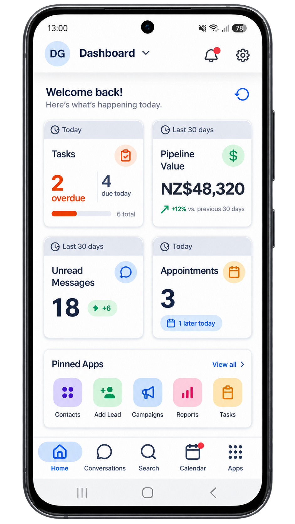 Ignite mobile dashboard showing pipeline value, unread messages, appointments and tasks