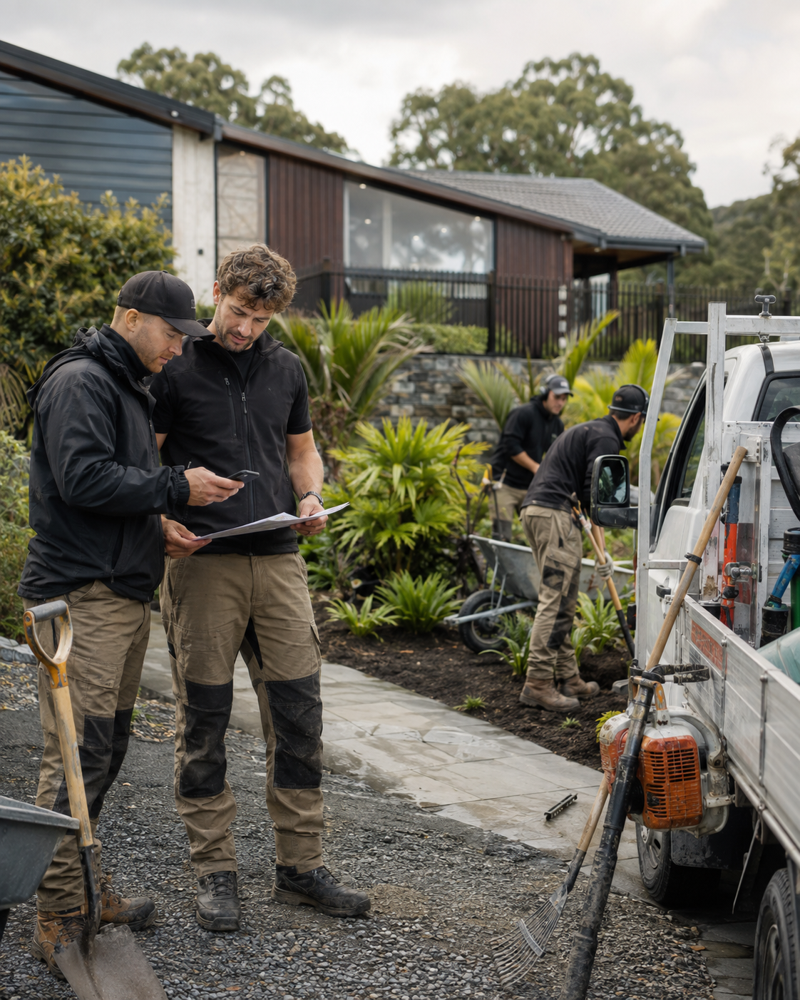 Professional landscapers at work on a garden project