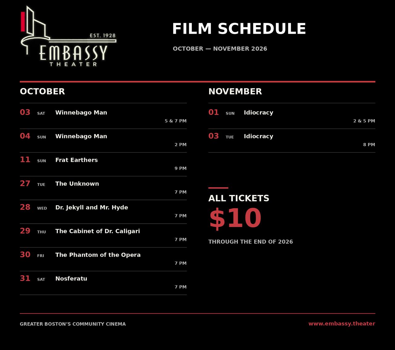 Embassy Theater October and November 2026 film schedule
