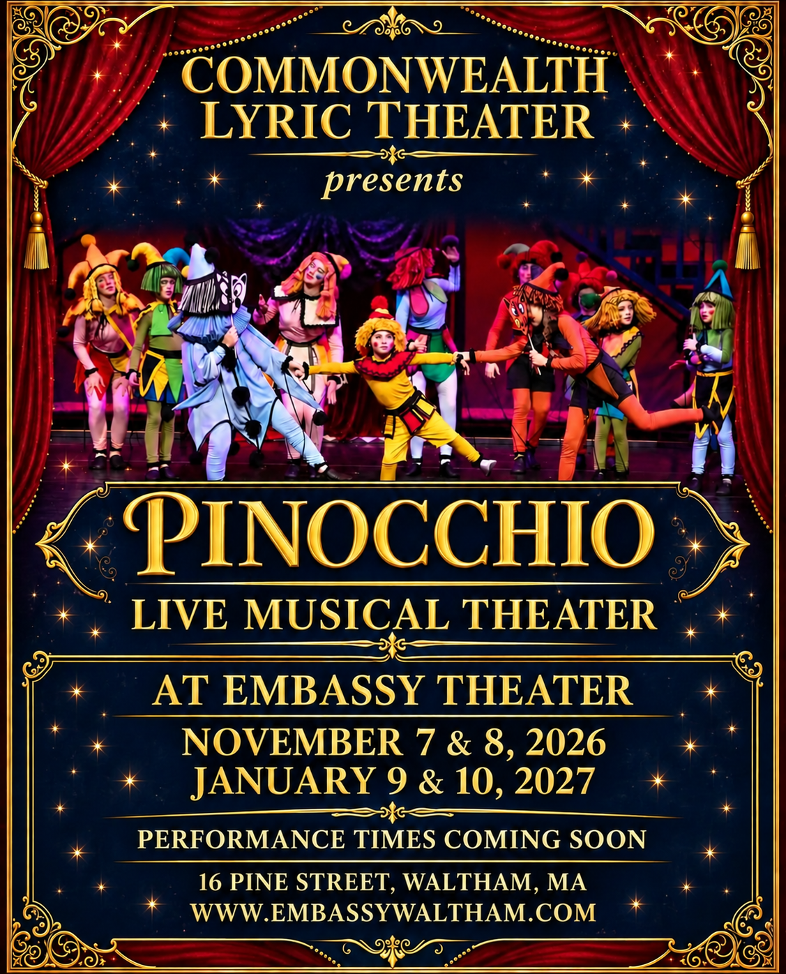 Pinocchio live musical theater at Embassy Theater on November 7 and 8, 2026, and January 9 and 10, 2027