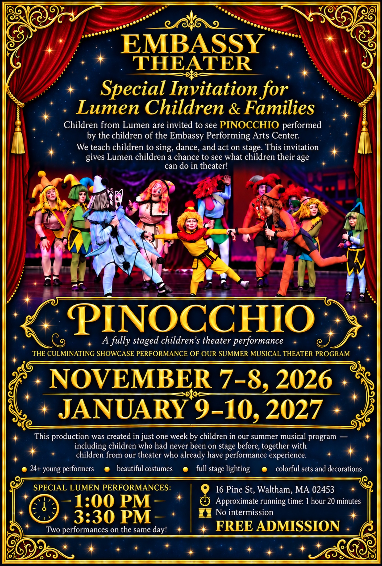 Pinocchio live musical theater at Embassy Theater on November 7 and 8, 2026, and January 9 and 10, 2027