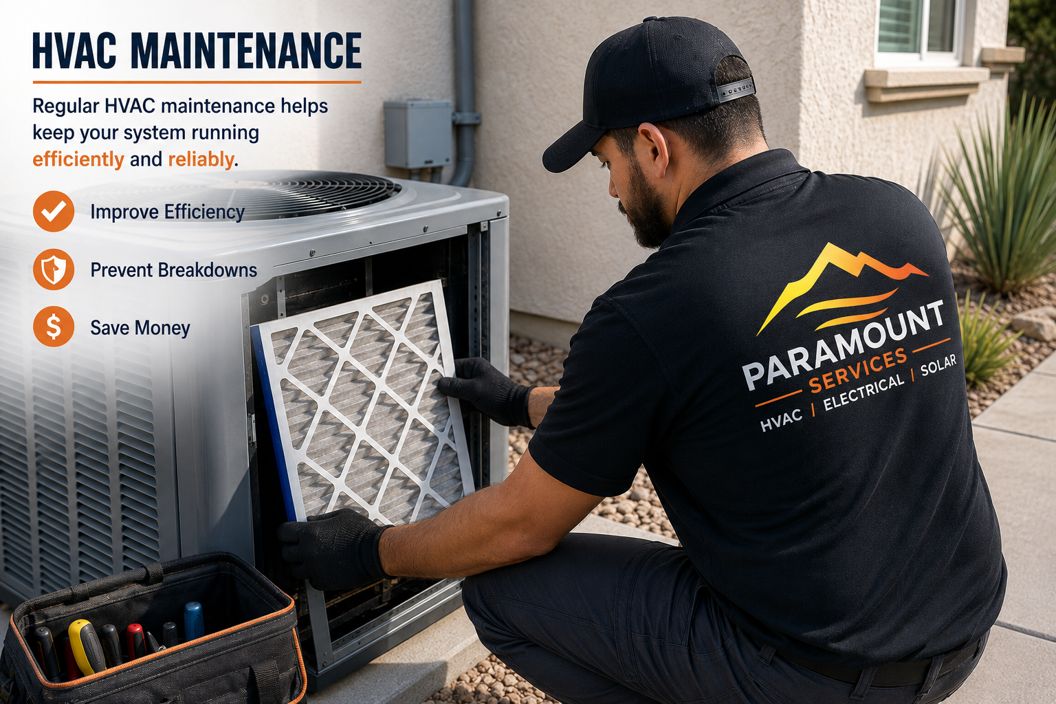 HVAC technician performing preventive air conditioning maintenance at a Las Vegas home