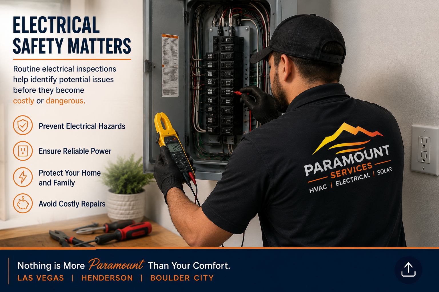 Electrician inspecting a residential electrical panel for safety issues in Las Vegas