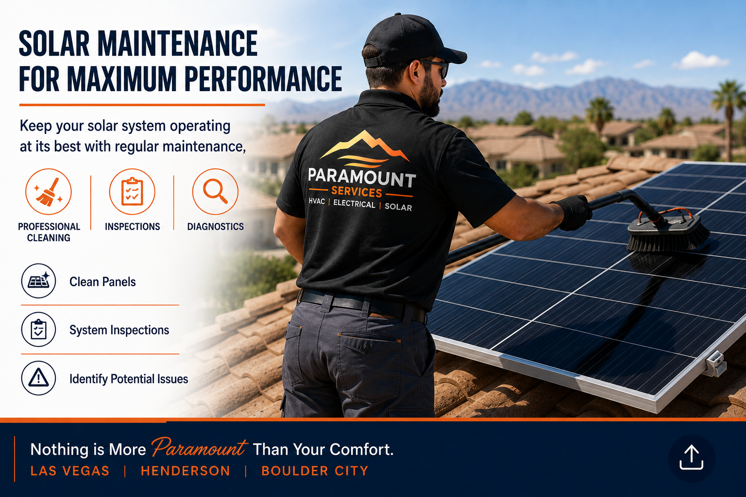 Solar technician cleaning and maintaining rooftop solar panels in Las Vegas Nevada