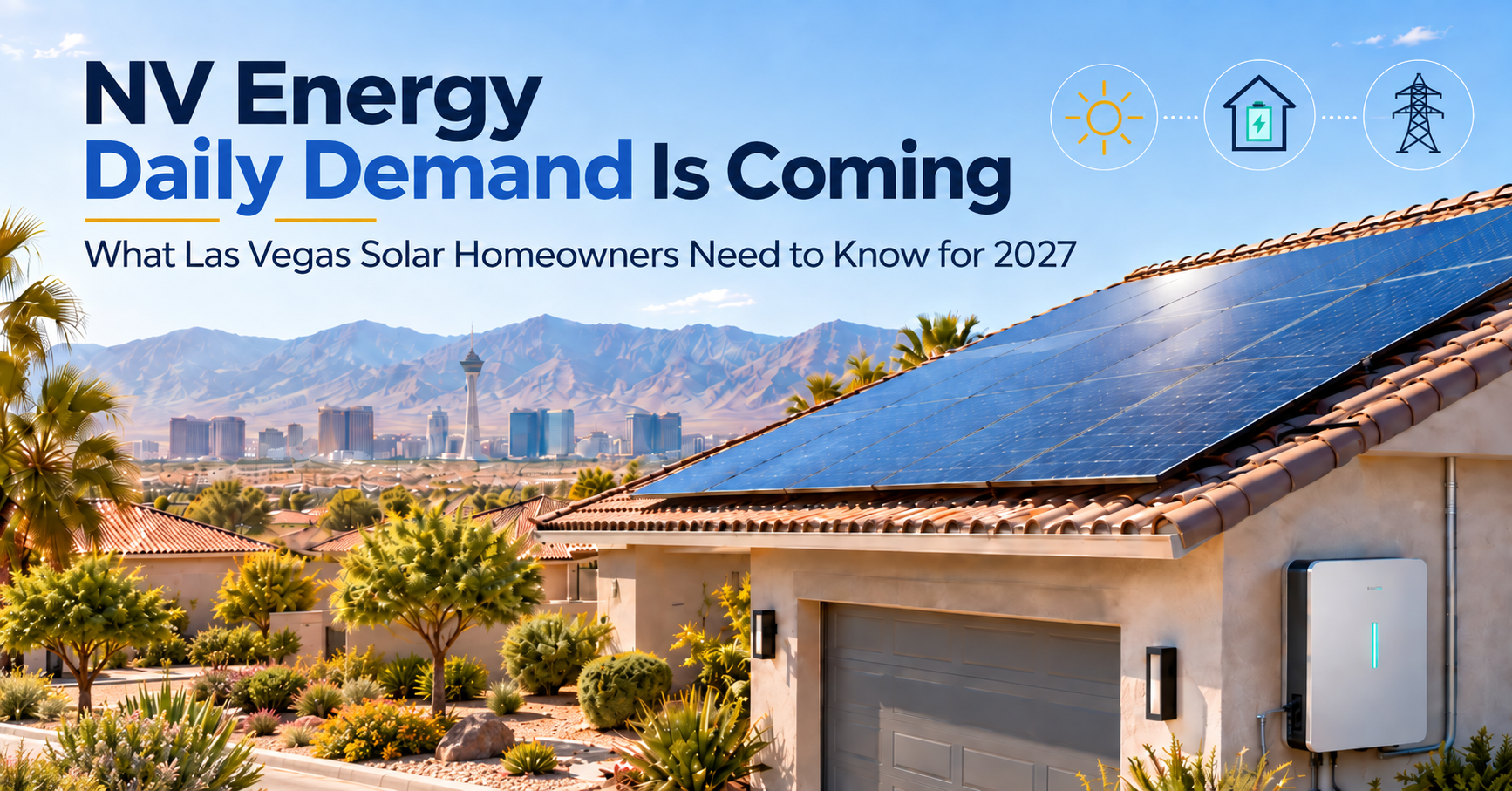 Southern Nevada home with rooftop solar, utility/grid imagery and subtle battery imagery