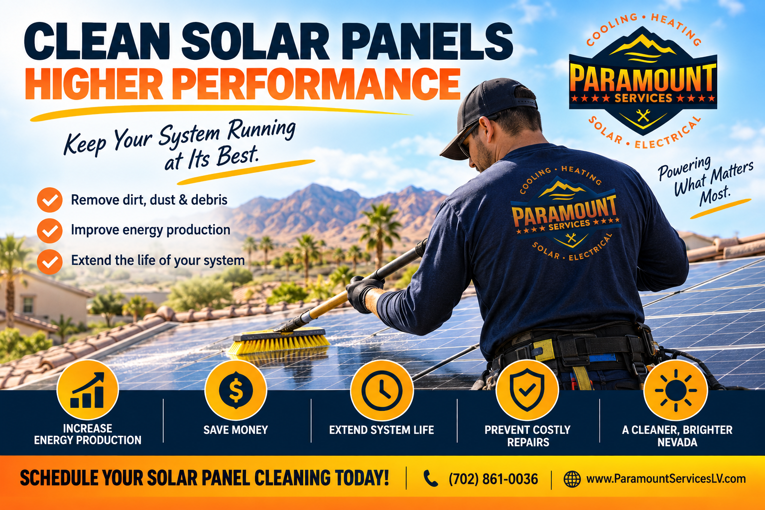 Las Vegas home with rooftop solar panels at sunset highlighting Paramount Services solar inspections, panel cleaning, repairs, system diagnostics, battery services, monitoring, critter guard installation, and electrical services.
