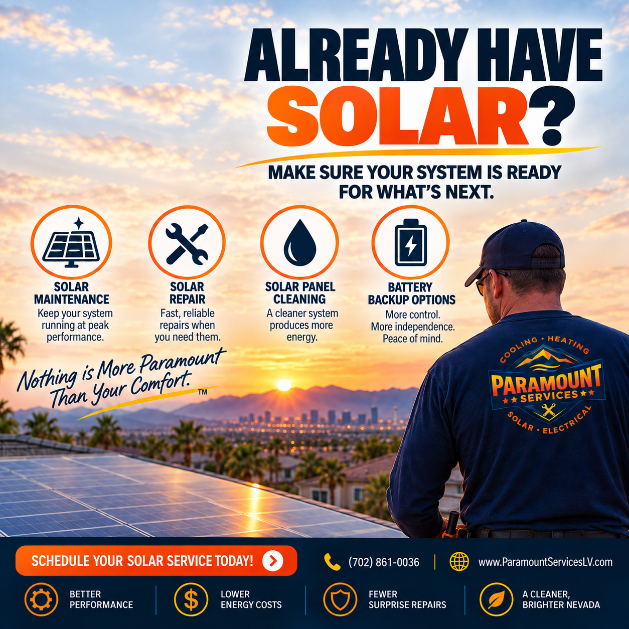 Las Vegas solar home at sunset with rooftop panels and Paramount Services technician, highlighting solar maintenance, solar repair, panel cleaning, and battery backup options.