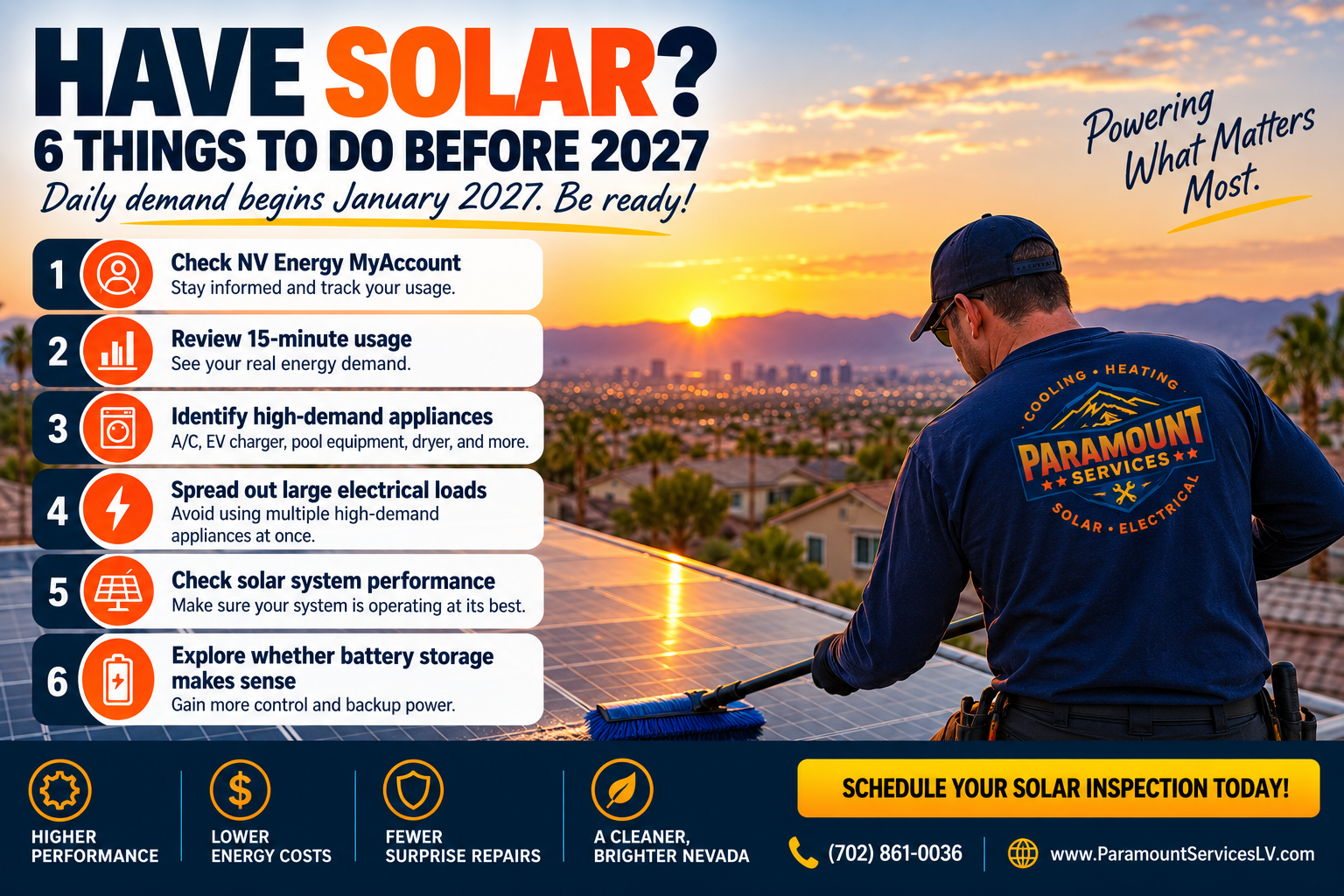 Las Vegas solar technician cleaning rooftop solar panels with a six-step checklist to prepare for NV Energy Daily Demand in 2027, including usage review, high-demand appliances, system performance, and battery storage.