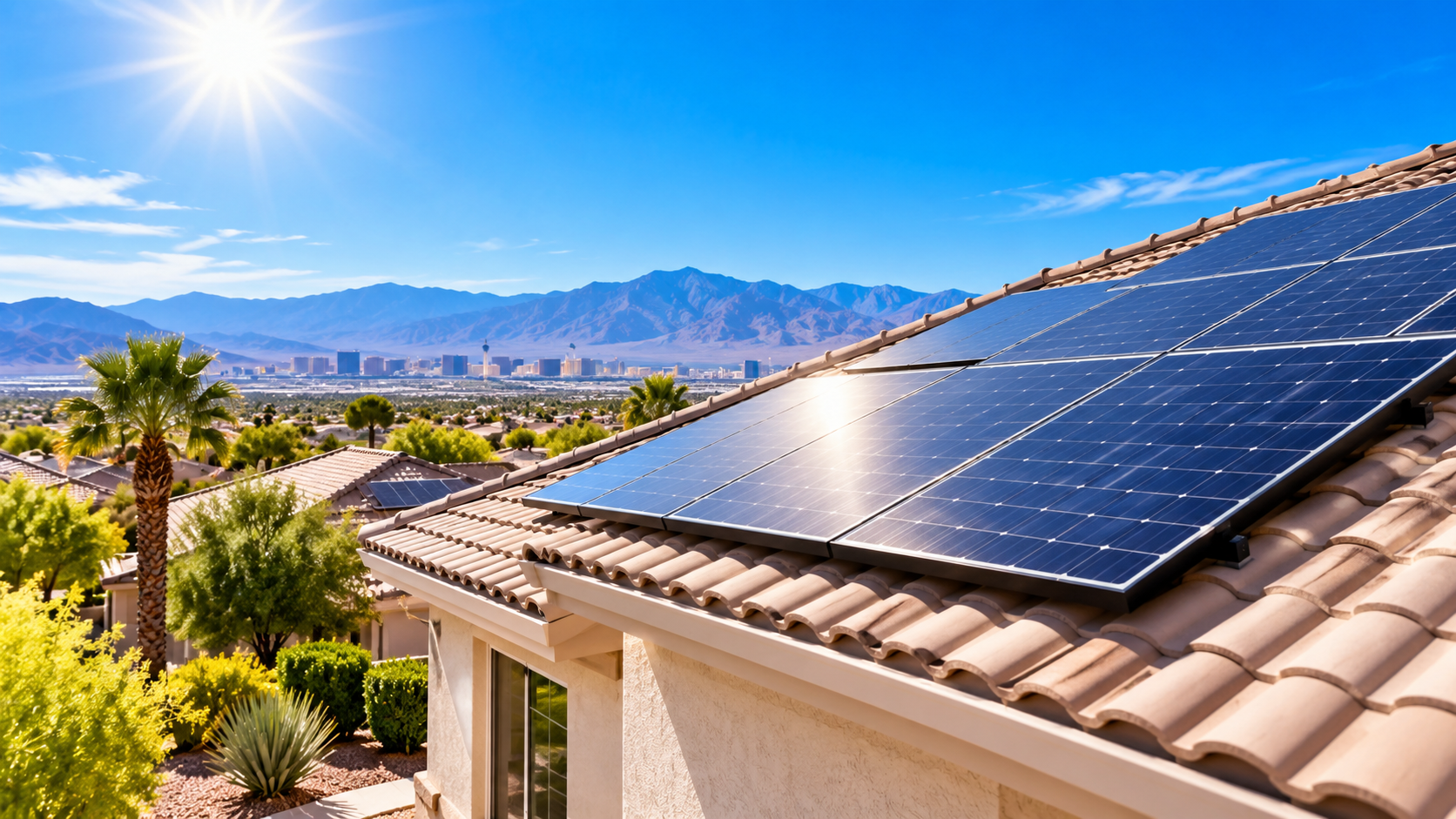 Rooftop solar panels on a Southern Nevada home in Las Vegas with bright desert sunshine and mountains in the background.
