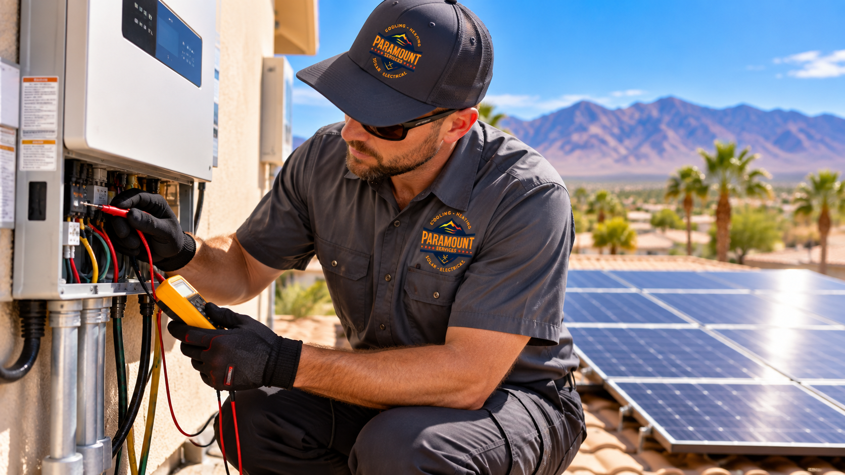 Paramount Services technician performing a solar system diagnostic and troubleshooting an inverter in Southern Nevada.