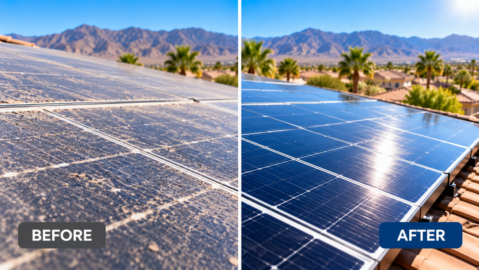 Before and after comparison of dirty and clean solar panels on a Southern Nevada home.