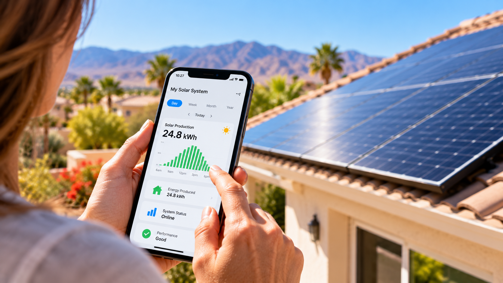 Homeowner checking solar system production and performance on a monitoring app in Southern Nevada.