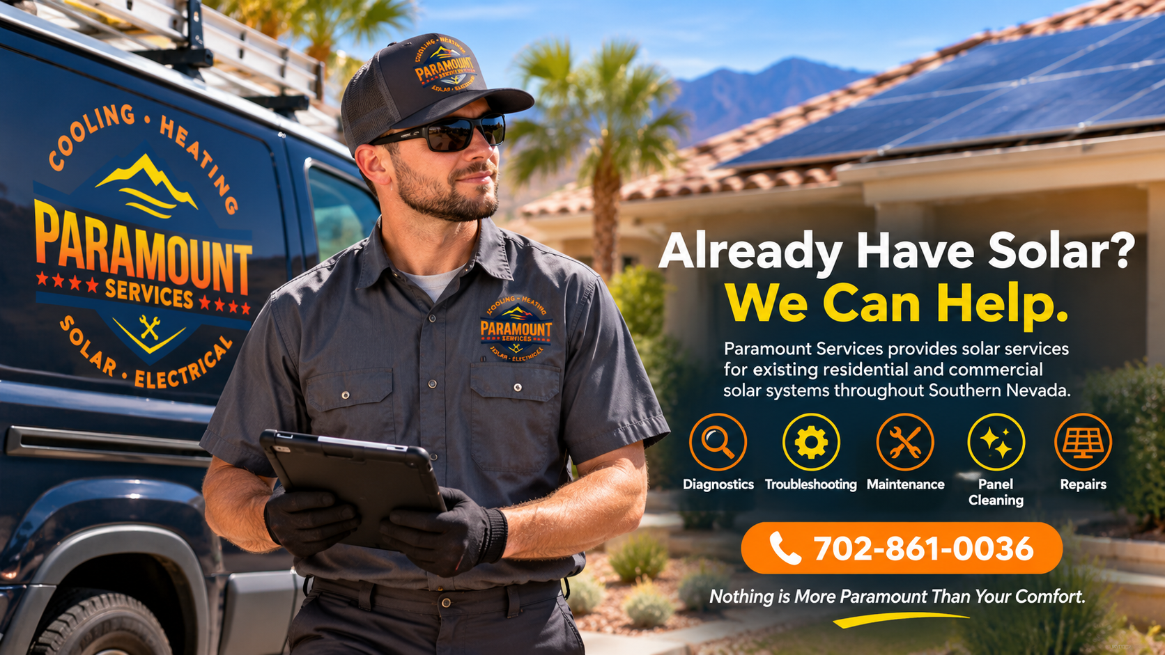 Paramount Services technician providing solar diagnostics, troubleshooting, maintenance, panel cleaning and repair services in Southern Nevada.