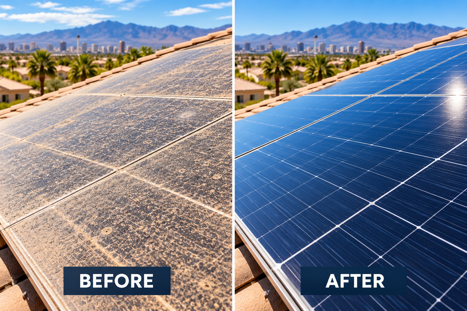 Before and after professional solar panel cleaning in Las Vegas