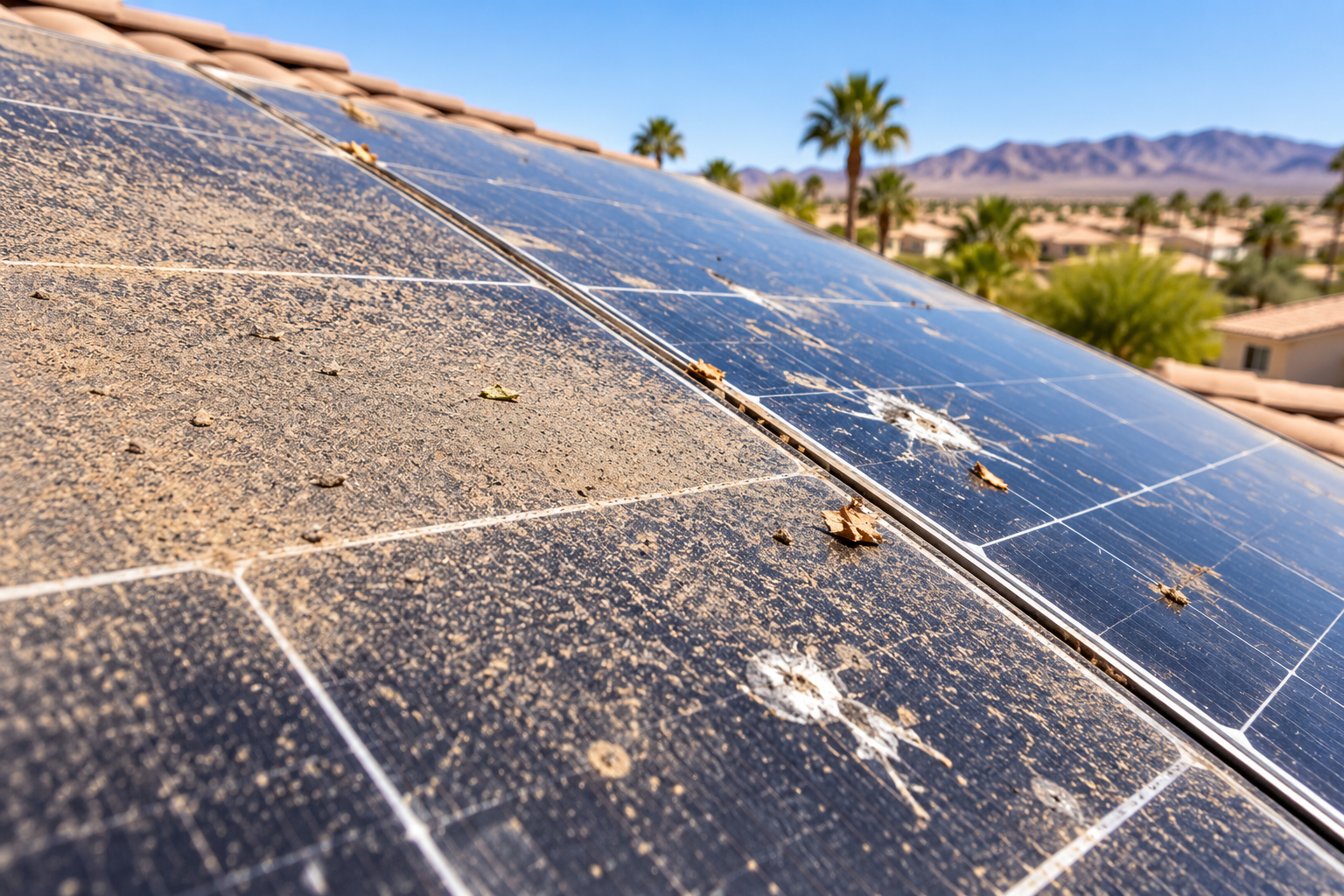 Dust, dirt and debris buildup on solar panels in Southern Nevada