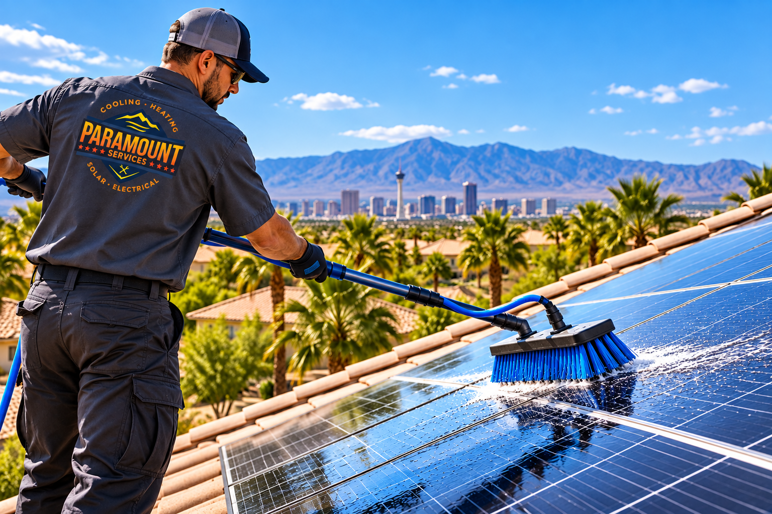 Paramount Services technician professionally cleaning solar panels in Las Vegas