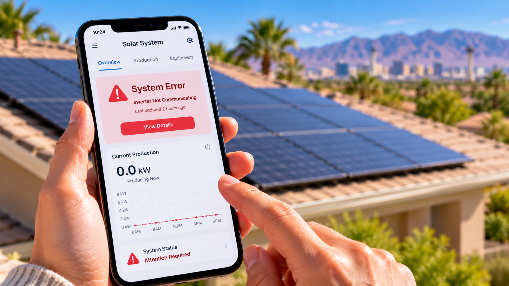 Solar monitoring app showing a system error and zero production on a Las Vegas home with rooftop solar panels. Solar monitoring app showing a system error and zero production on a Las Vegas home with rooftop solar panels.