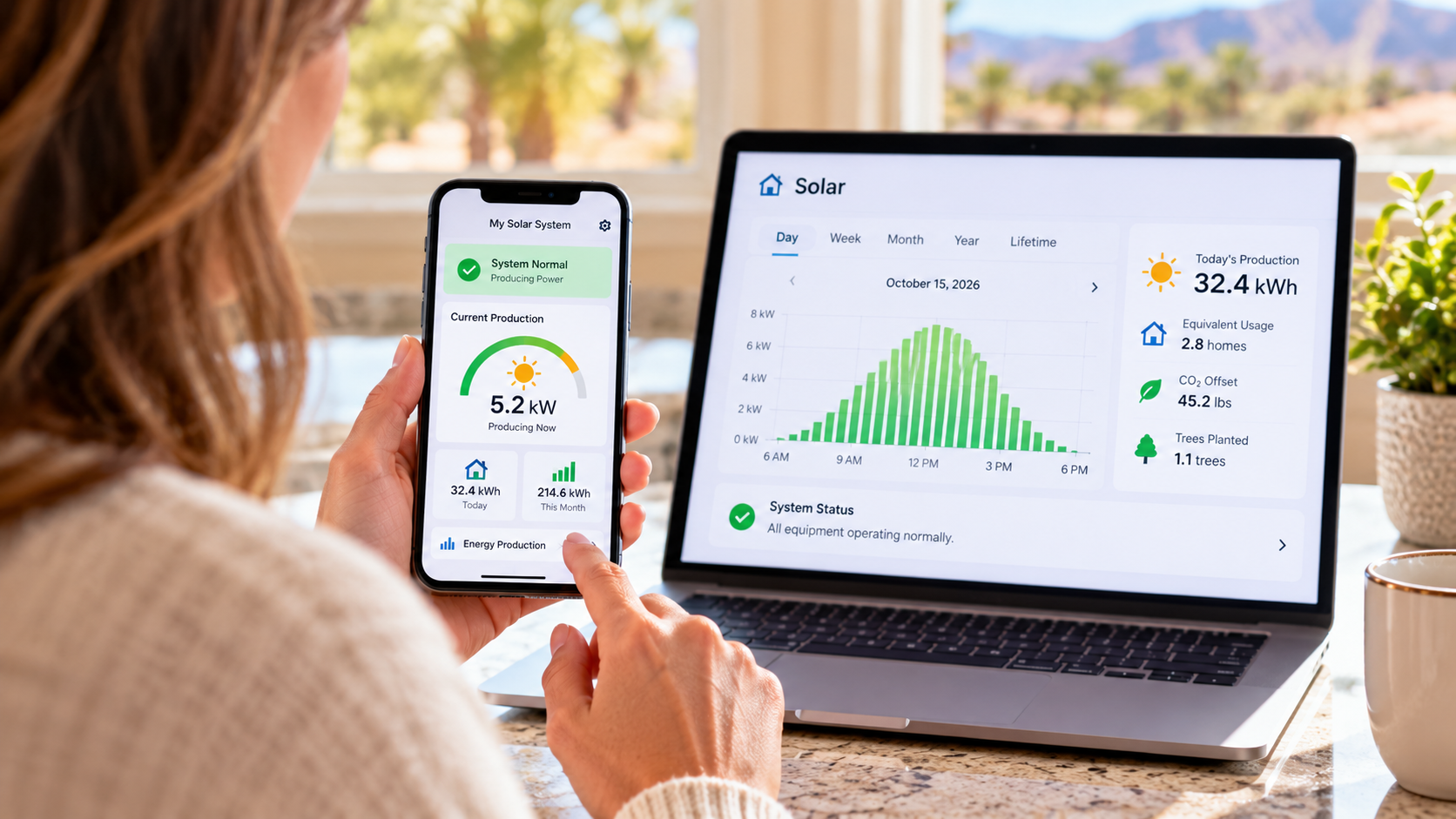 Homeowner checking solar monitoring system performance and energy production on a smartphone and computer in Las Vegas. Homeowner checking solar monitoring system performance and energy production on a smartphone and computer in Las Vegas.